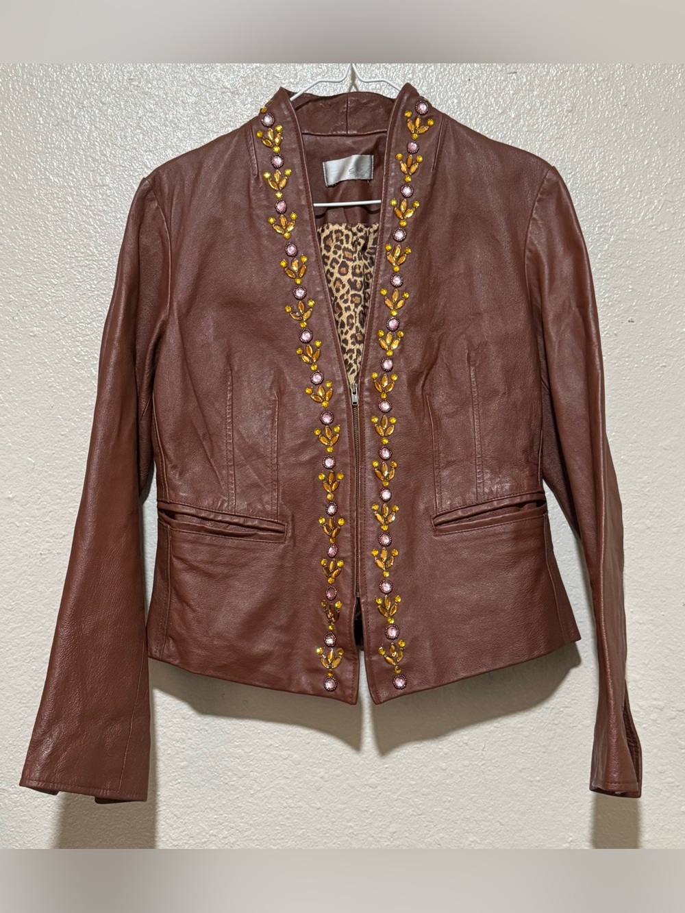 Women’s Cognac Leather Crop Fitted Y2K Lined Full Zip Moto Jacket W/Rhinestones